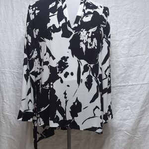 Chico's Black and White Asymmetrical Blouse with Notched Collar